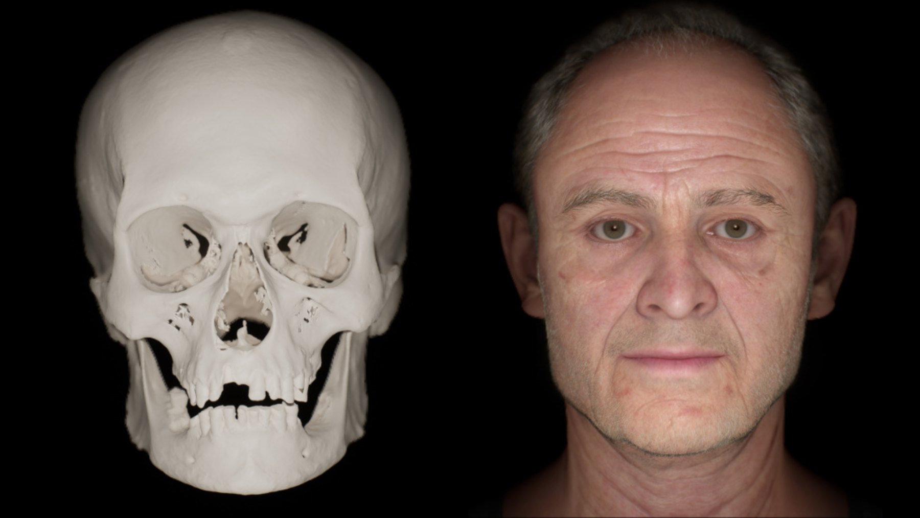 Cráneo de Conquest Man junto a la reconstrucción digital de su rostro, un hombre de mediana edad