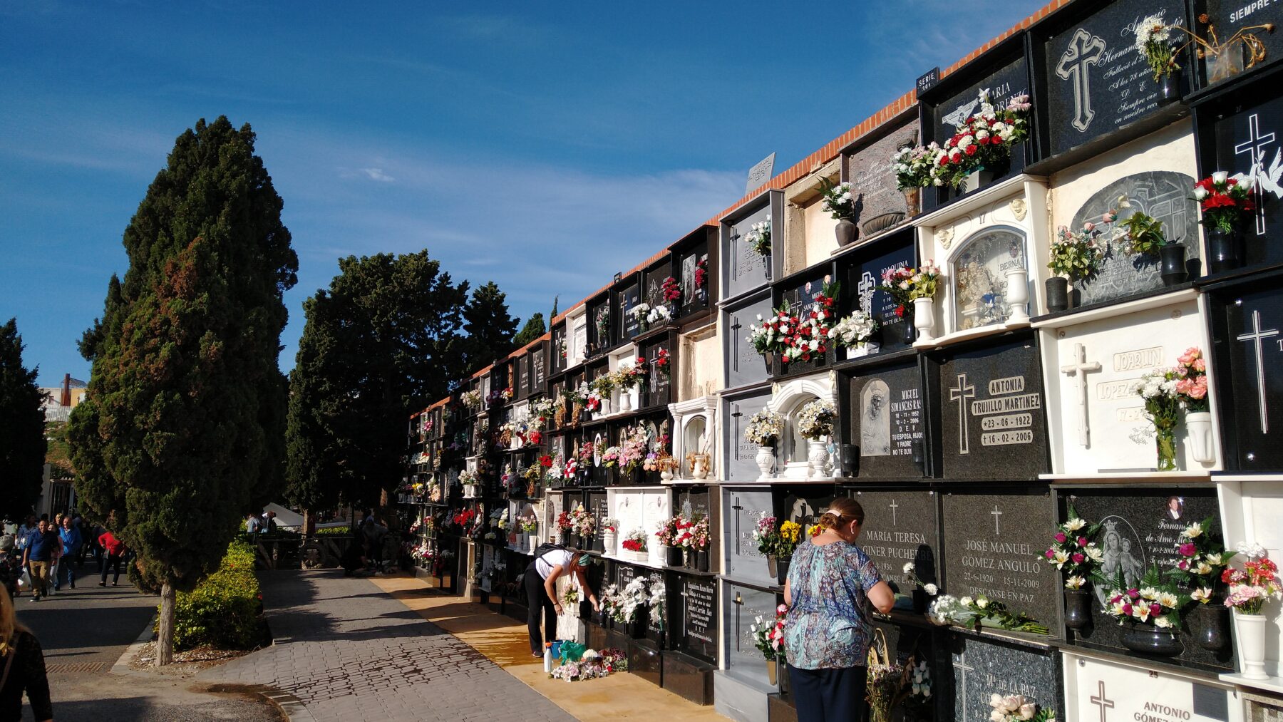 Una mujer coloca flores en los nichos del cementerio de San José de Almería el Día de Todos los Santos
