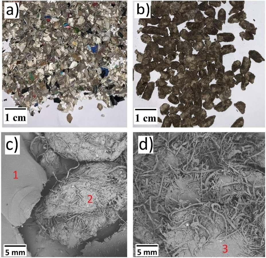Vasos de café triturados y fibra comercial Viatop vistos en foto y al microscopio electrónico