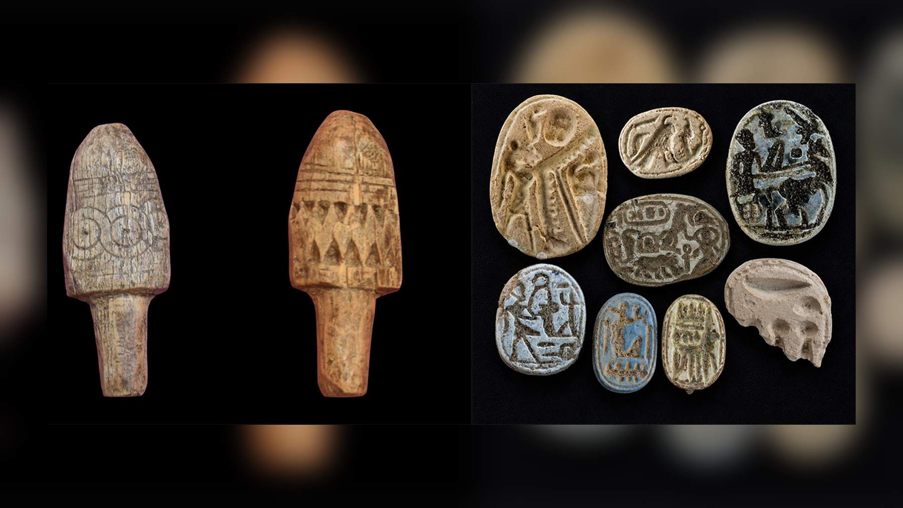 Piezas de arnés y escarabeos hallados en una excavación fortaleza egipcia