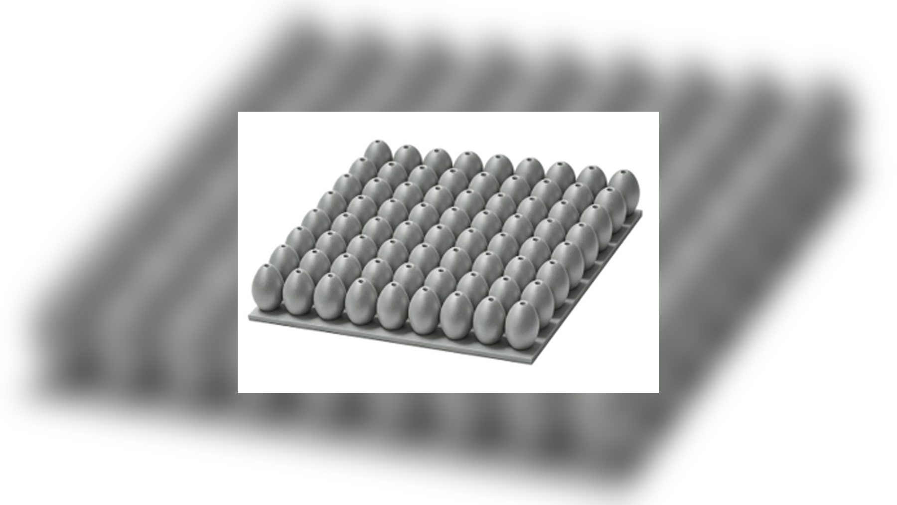 Imagen 3D de la matriz de huevos de aluminio rellenos de agua sobre una placa, diseñada para frenar la basura espacial