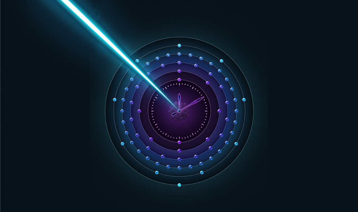 Ilustración de un ion atrapado e iluminado por un haz láser, que representa el reloj atómico de lutecio
