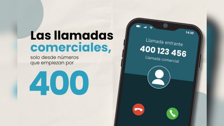 Infografía oficial del prefijo 400 con un móvil que muestra una llamada entrante comercial desde un número que empieza por 400