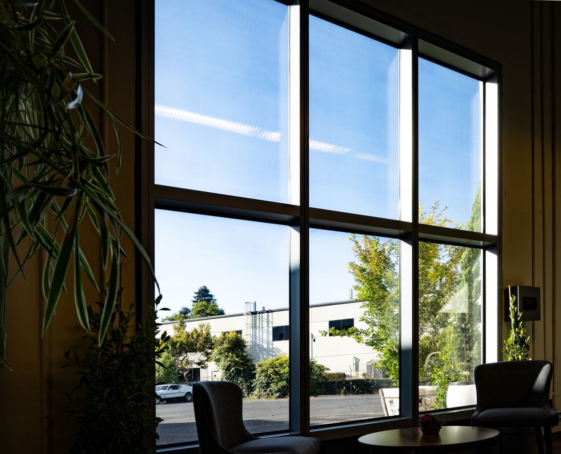 Vista desde el interior de la oficina de NEXT Energy a través de las ventanas solares transparentes