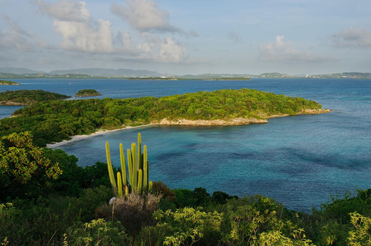 Vista de Great Bird y los islotes cercanos frente a la costa de Antigua