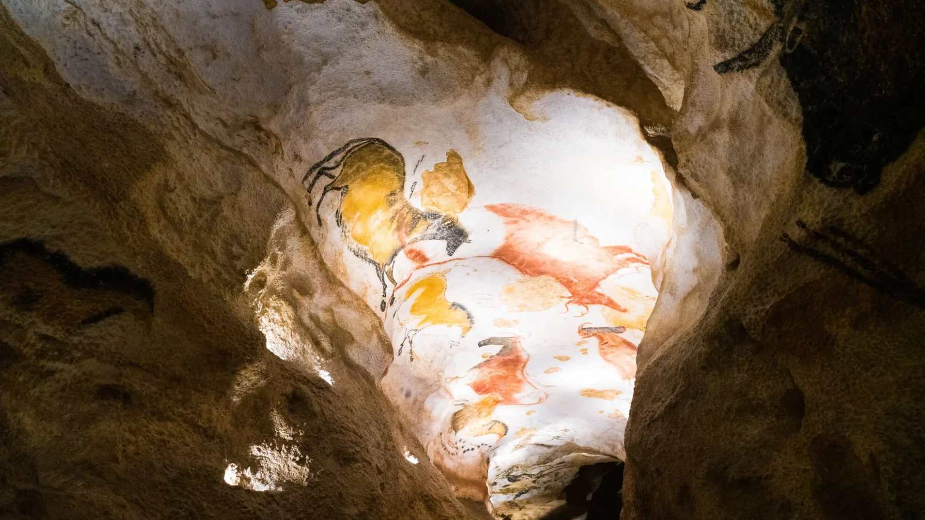 Réplica del Divertículo Axial de la cueva de Lascaux en Lascaux IV, con caballos y uros pintados en el techo