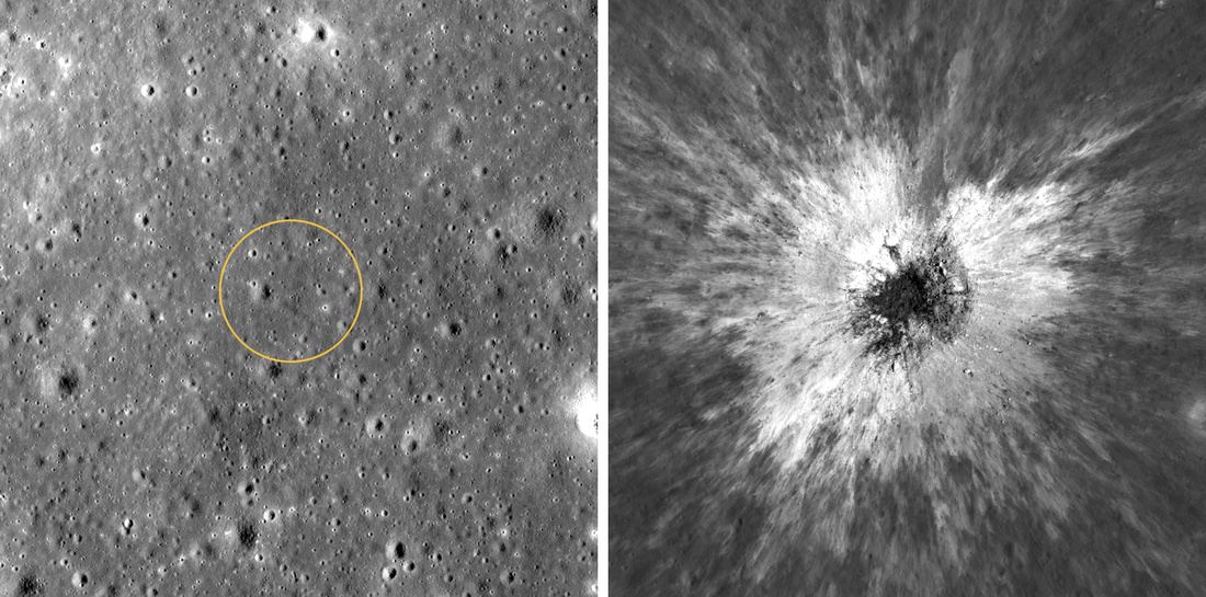 Dos imágenes de la misma zona de la Luna tomadas por el LRO, antes y después de la formación del nuevo cráter
