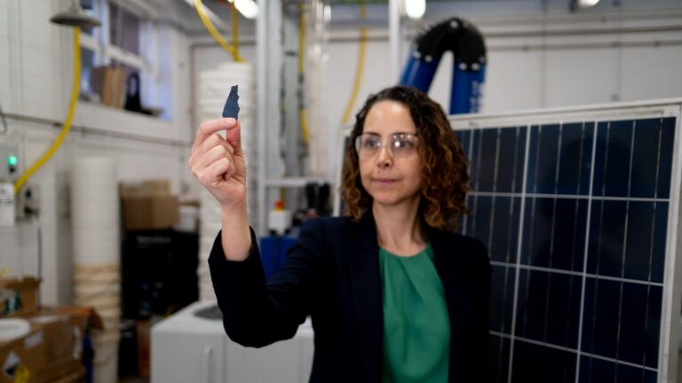 La investigadora Mahshid Firouzi sostiene un fragmento de material del que se recupera la plata de las células solares, junto a un panel solar