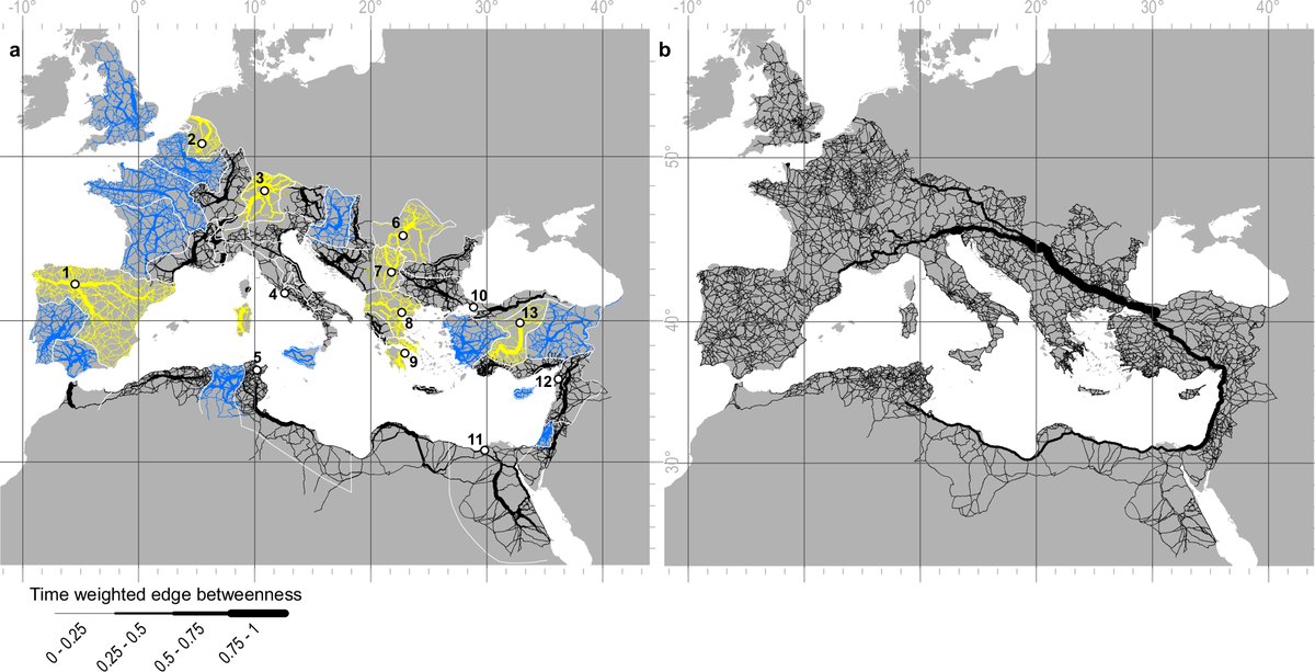 Mapa de la red de calzadas romanas con los tramos de más tránsito potencial marcados con líneas gruesas