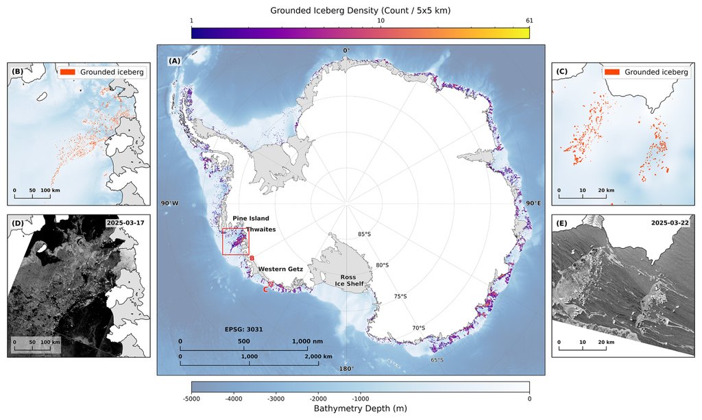 Mapa de densidad de icebergs varados alrededor de la Antártida elaborado con imágenes de radar de Sentinel-1
