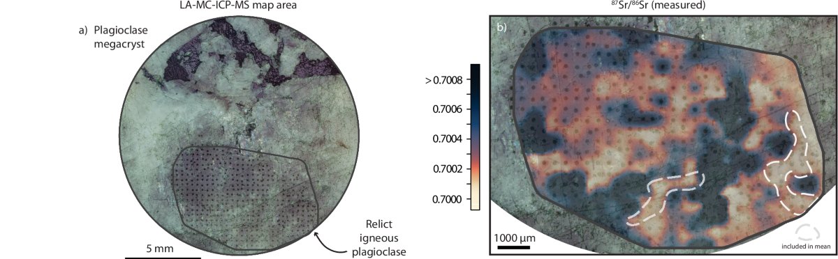Cristal de plagioclasa del Complejo Manfred y mapa de isótopos de estroncio obtenido con láser para localizar sus zonas mejor conservadas
