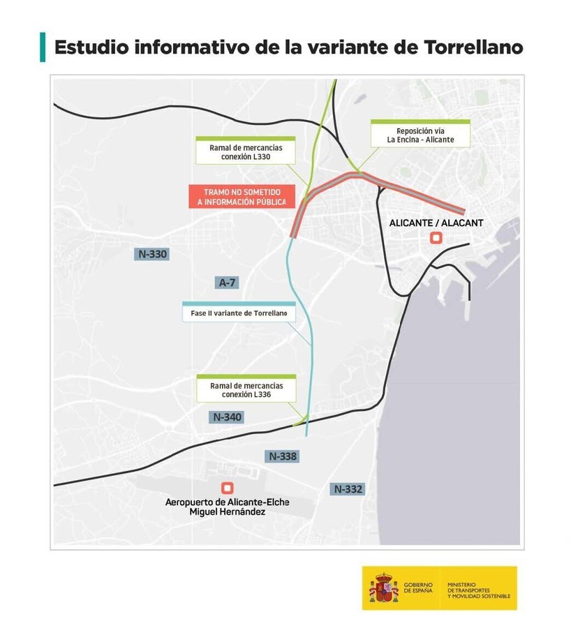 Mapa del estudio informativo de la variante de Torrellano entre Alicante y el aeropuerto de Alicante-Elche