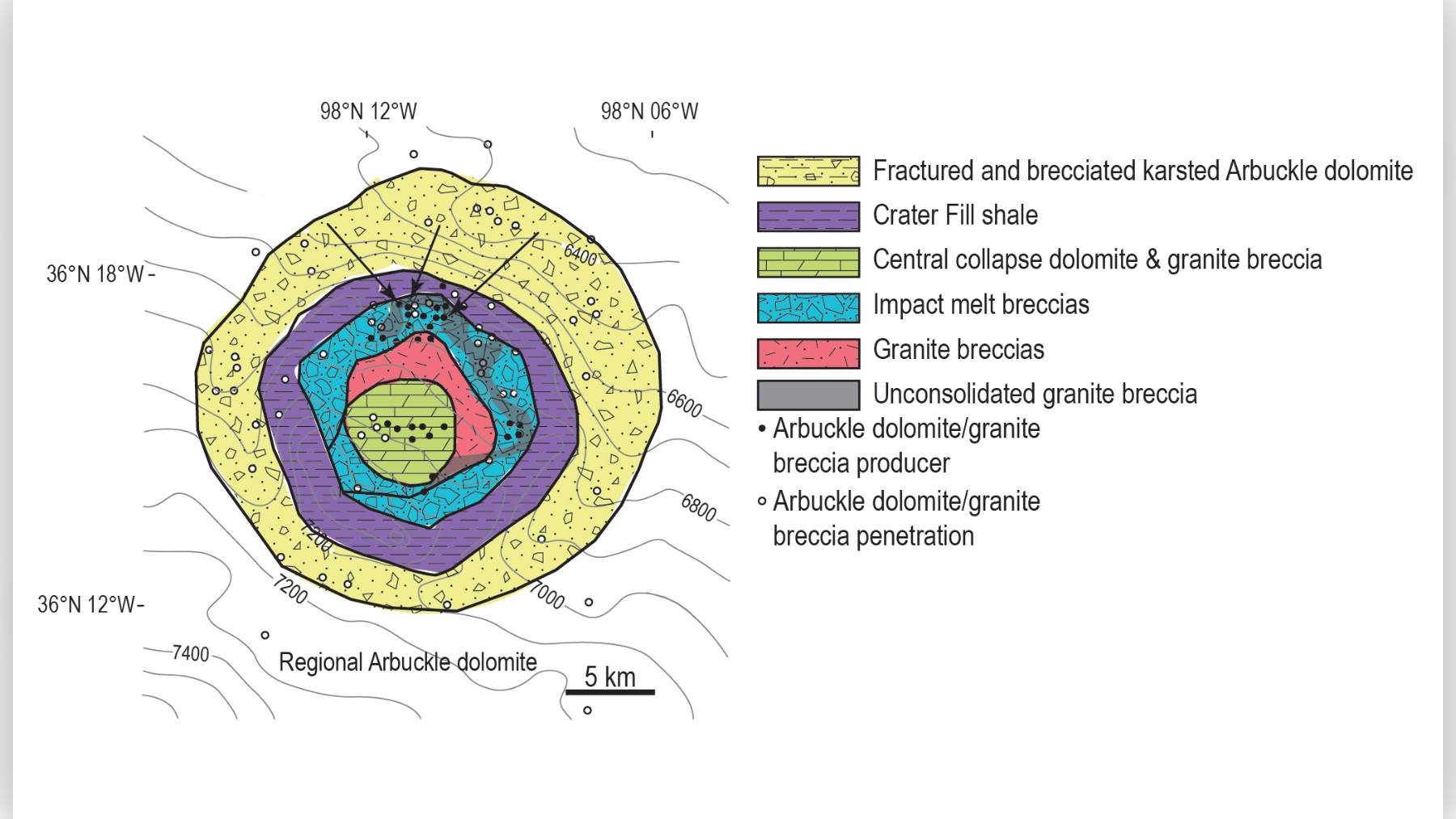 Mapa geológico de la estructura de impacto de Ames, en Oklahoma, con los tipos de roca y la ubicación de pozos de petróleo y gas