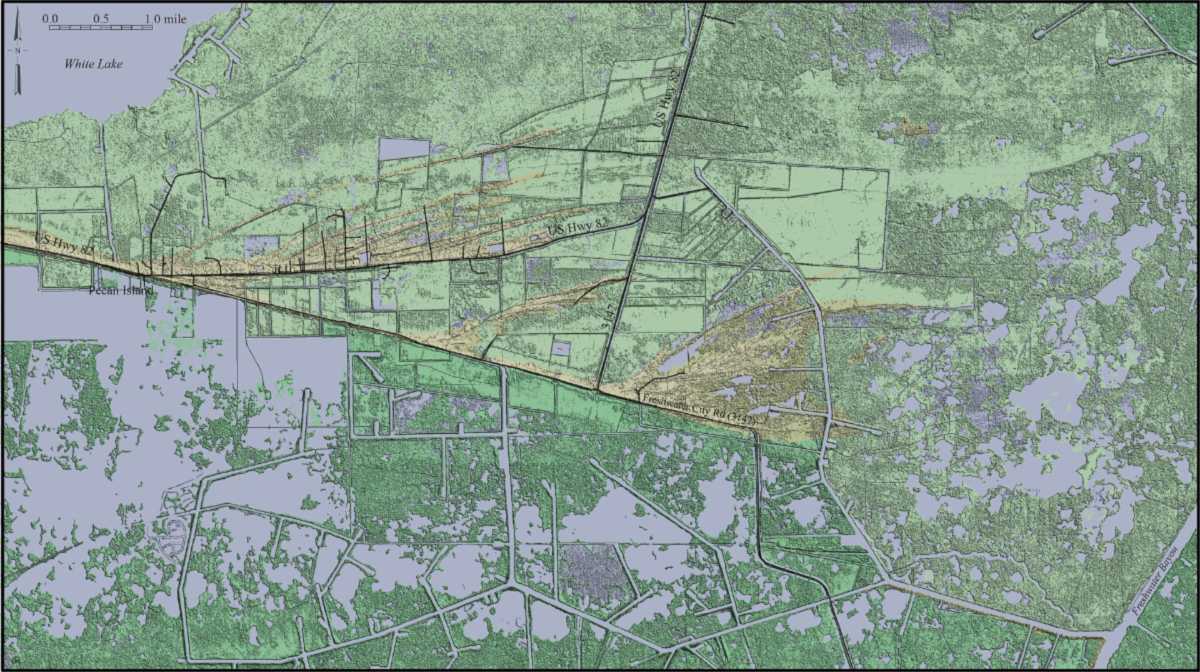 Mapa con relieve sombreado de las marismas de Pecan Island, en la costa de Luisiana