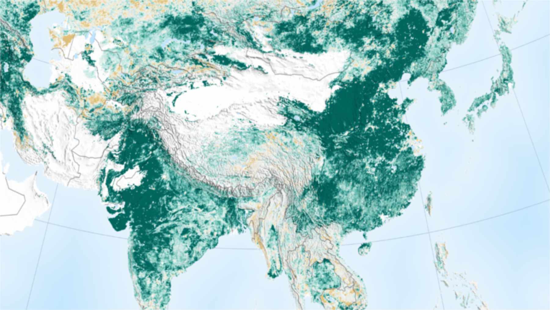 Mapa de la NASA con el aumento de superficie foliar en China e India entre 2000 y 2017