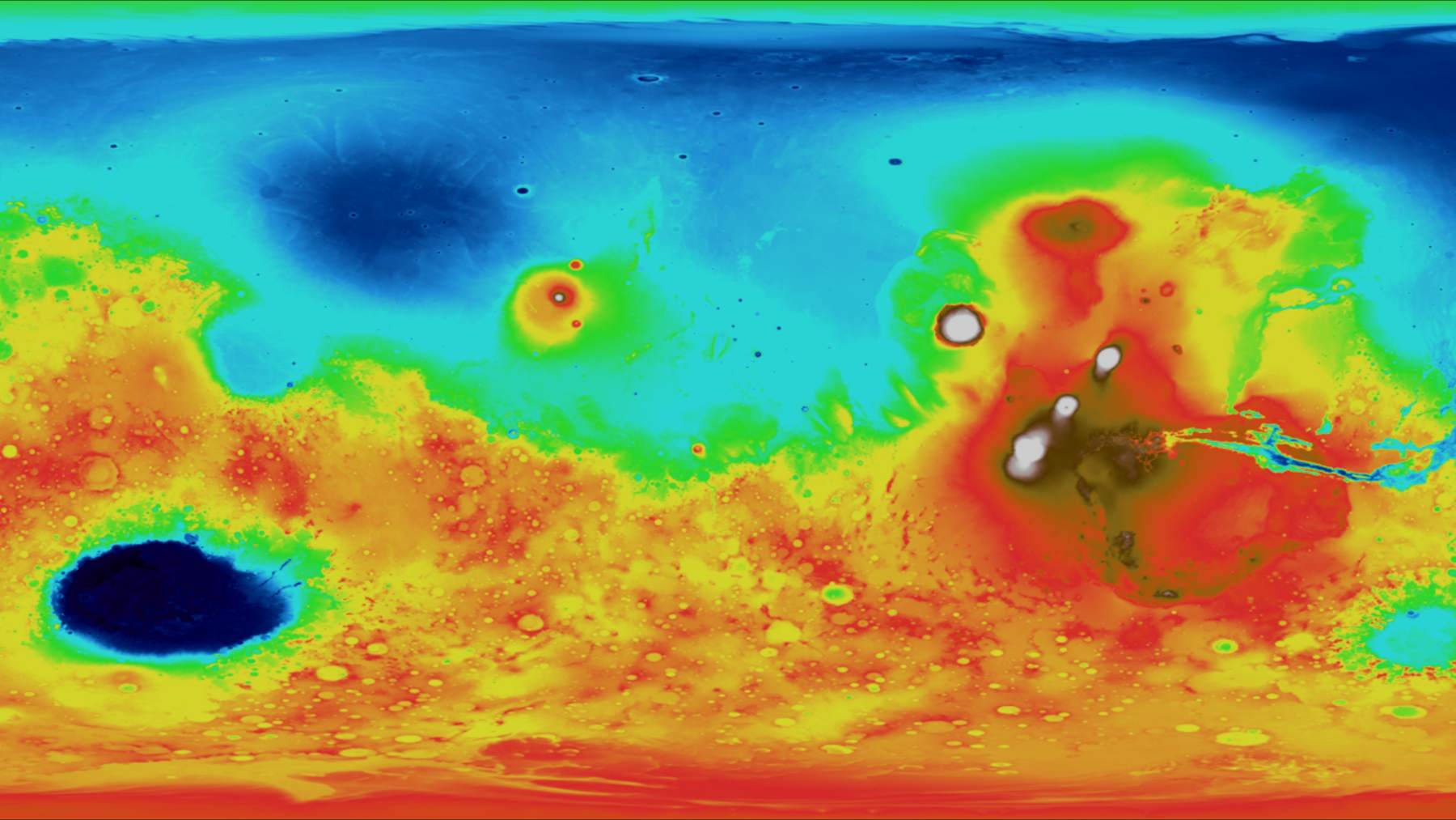 Mapa topográfico de Marte con las llanuras bajas del norte en azul y las tierras altas del sur en rojo y amarillo