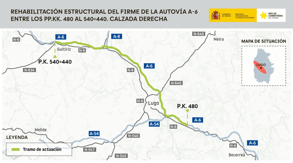 Mapa del tramo de la A-6 entre los kilómetros 480 y 540,44 en la provincia de Lugo