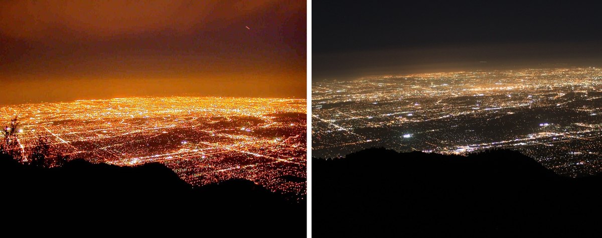 La cuenca de Los Ángeles de noche vista desde el monte Wilson en 2008 y en 2012