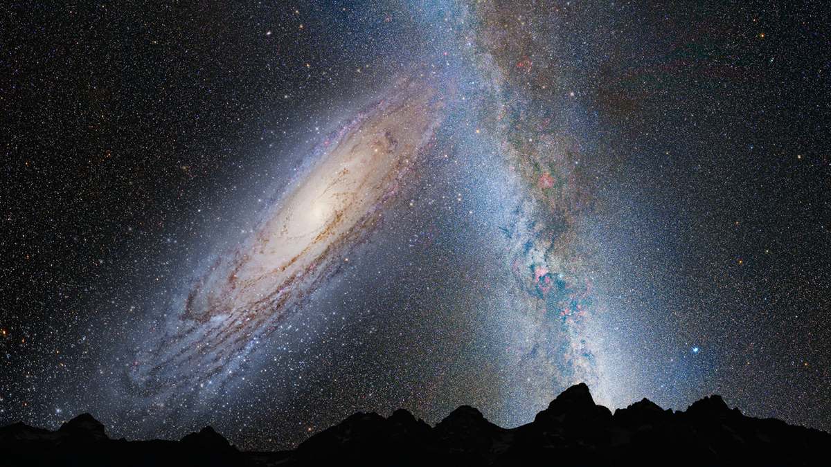 Recreación del cielo nocturno con Andrómeda acercándose a la Vía Láctea