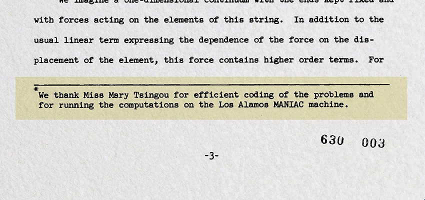 Nota al pie del informe LA-1940 de 1955 que agradece a Mary Tsingou la programación de los cálculos
