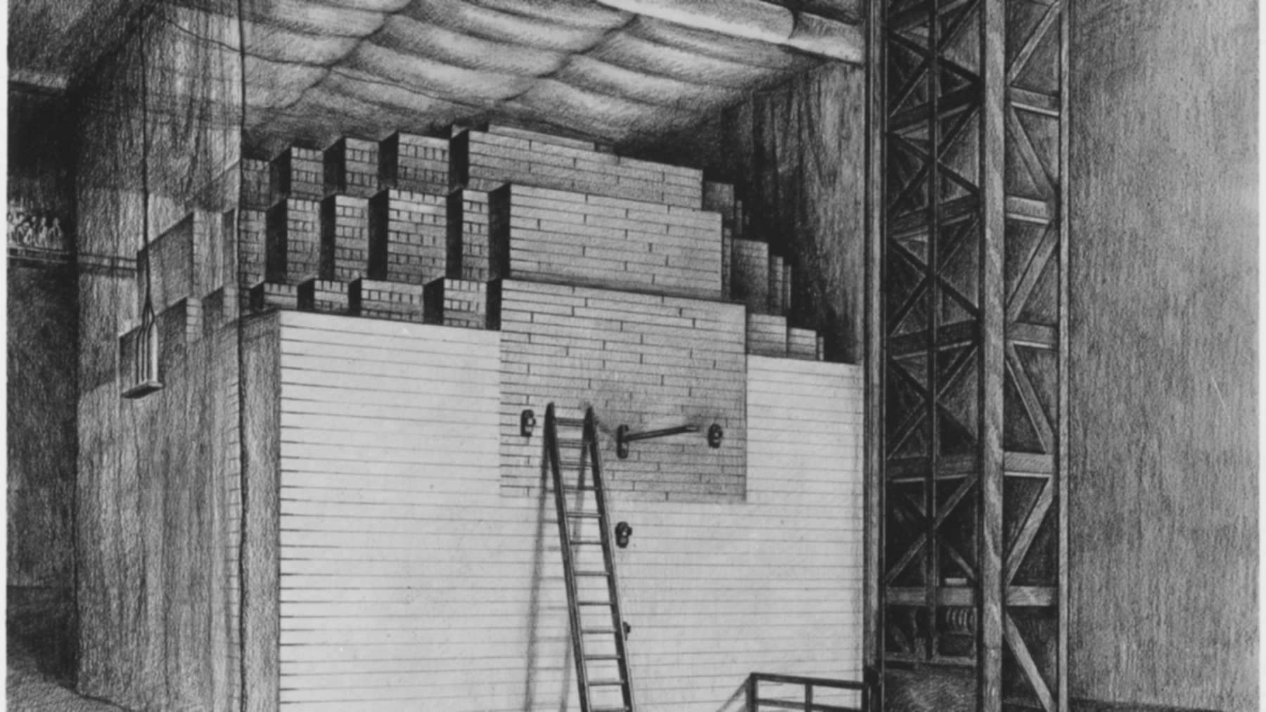 Dibujo del primer reactor nuclear, Chicago Pile-1, con sus capas de bloques de grafito bajo las gradas del Stagg Field