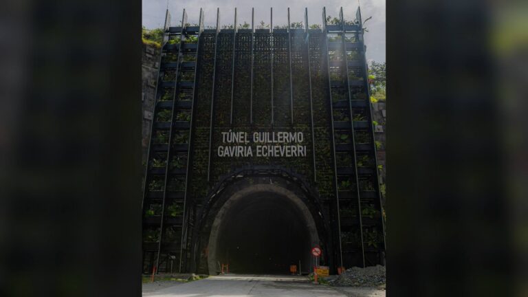 Portal del Túnel del Toyo, con el nombre Túnel Guillermo Gaviria Echeverri sobre una fachada metálica con plantas