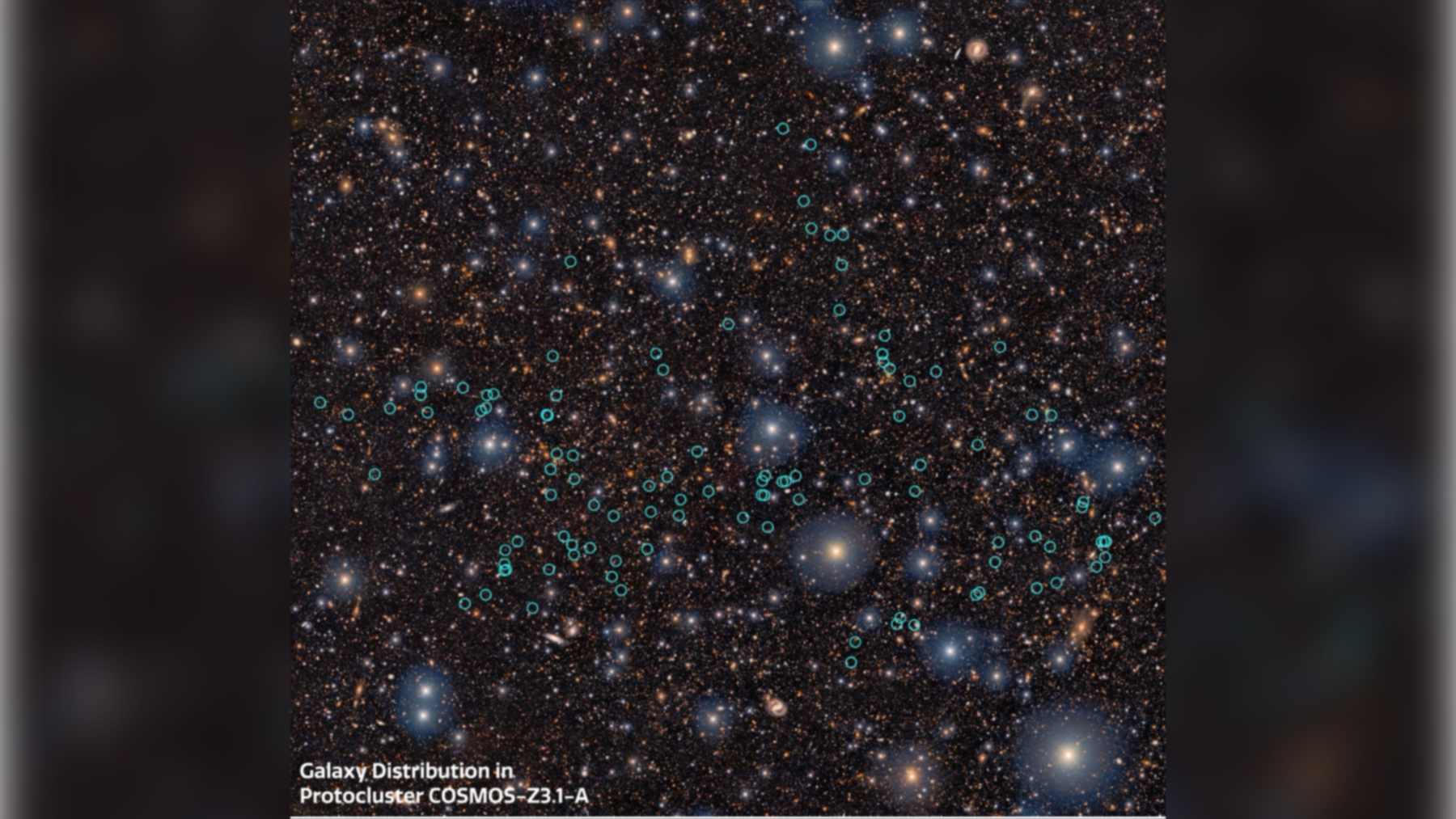 Campo de galaxias con la estructura del protosupercúmulo COSMOS-z3.1-A señalada