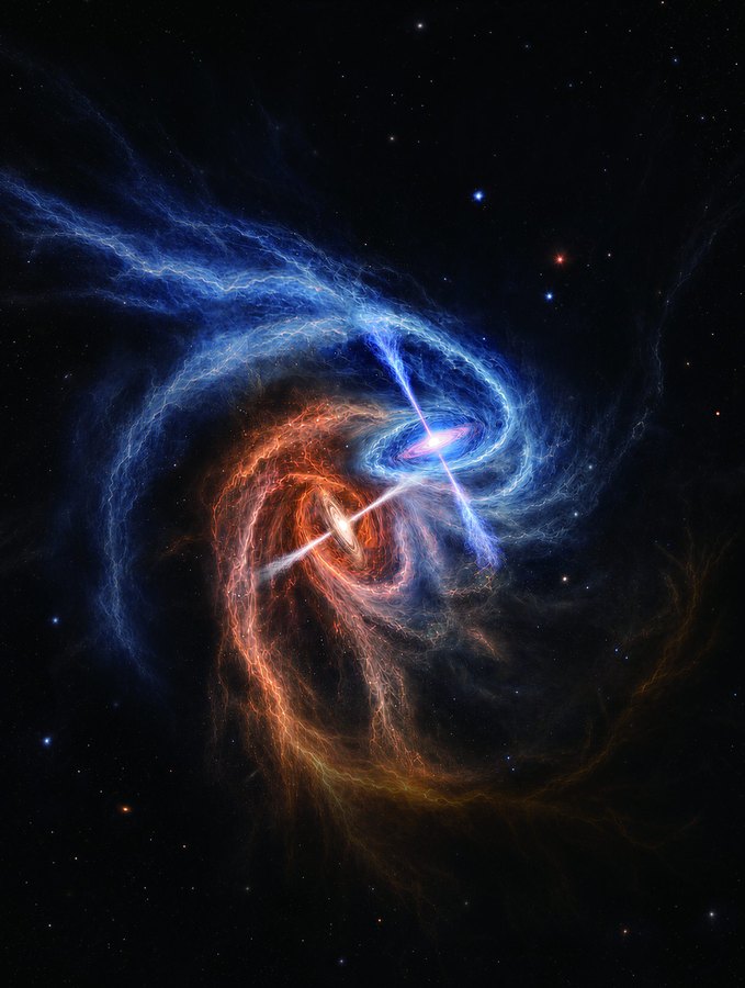 Recreación artística de dos estrellas masivas jóvenes con discos desalineados y chorros de materia