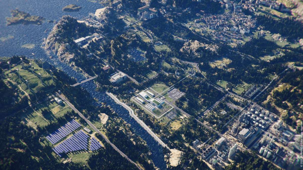 Recreación de una central de pequeños reactores modulares Nuward junto a una zona industrial y un río