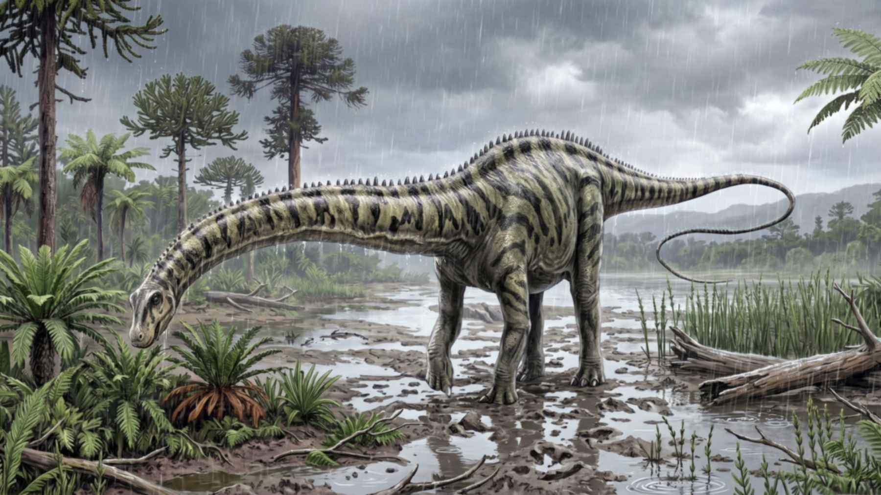 Recreación del Diplodocus fuera de Norteamérica hallado en El Castellar (Teruel), un saurópodo de cuello y cola largos junto a una charca jurásica bajo la lluvia