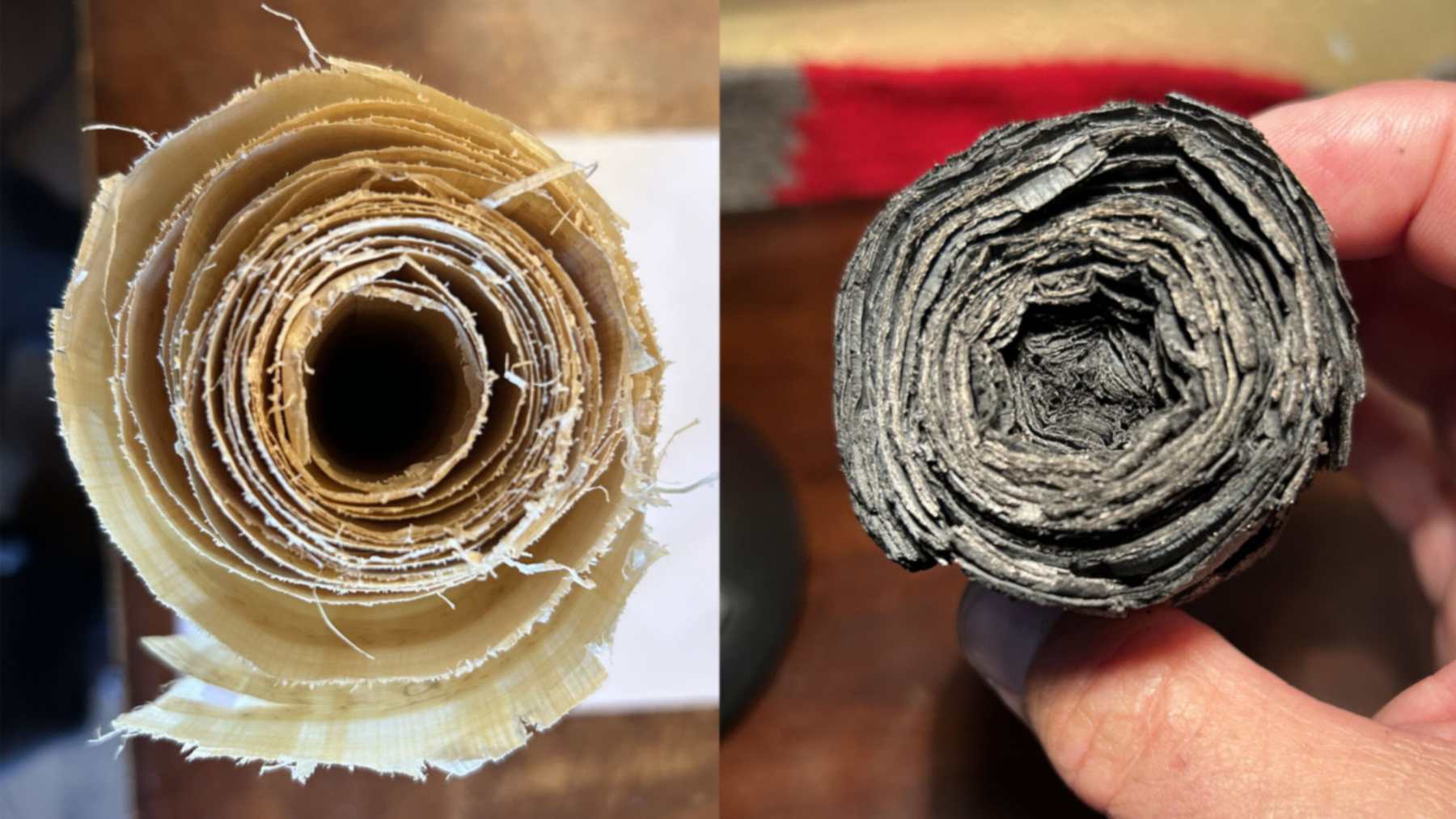 Réplica moderna de los papiros de Herculano antes y después de carbonizarla en un horno con poco oxígeno