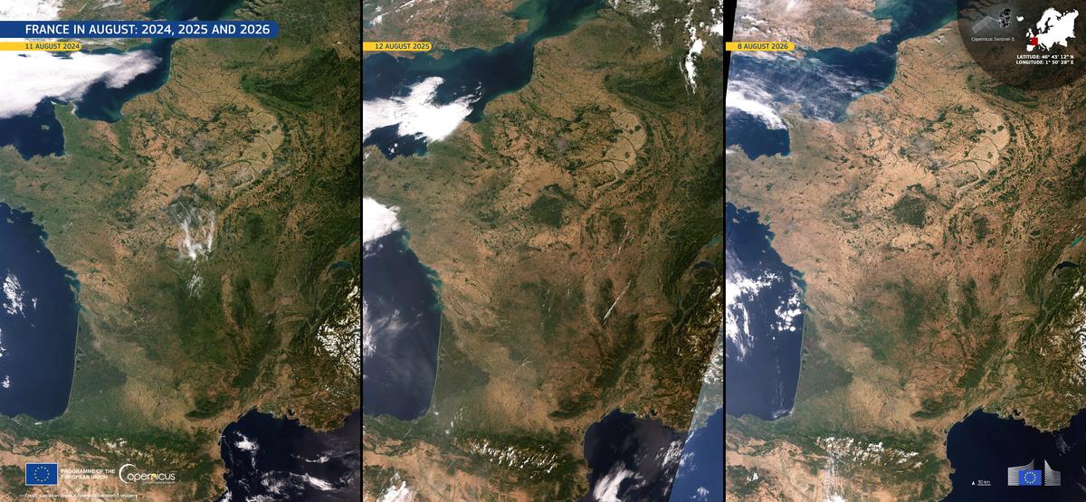 Francia vista por el satélite Sentinel-3 en agosto de 2024, 2025 y 2026
