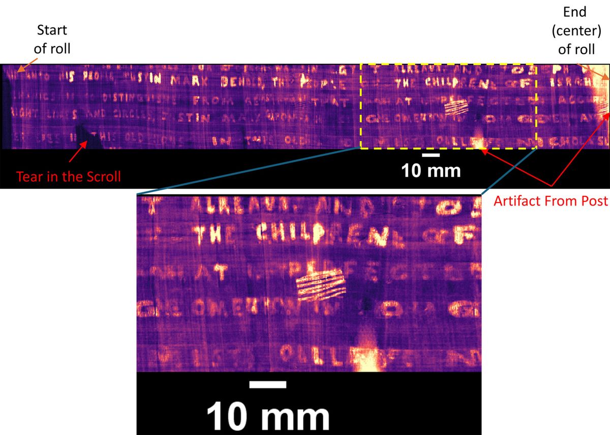 Desenrollado virtual de la réplica carbonizada con letras de tinta de plomo visibles en la tomografía