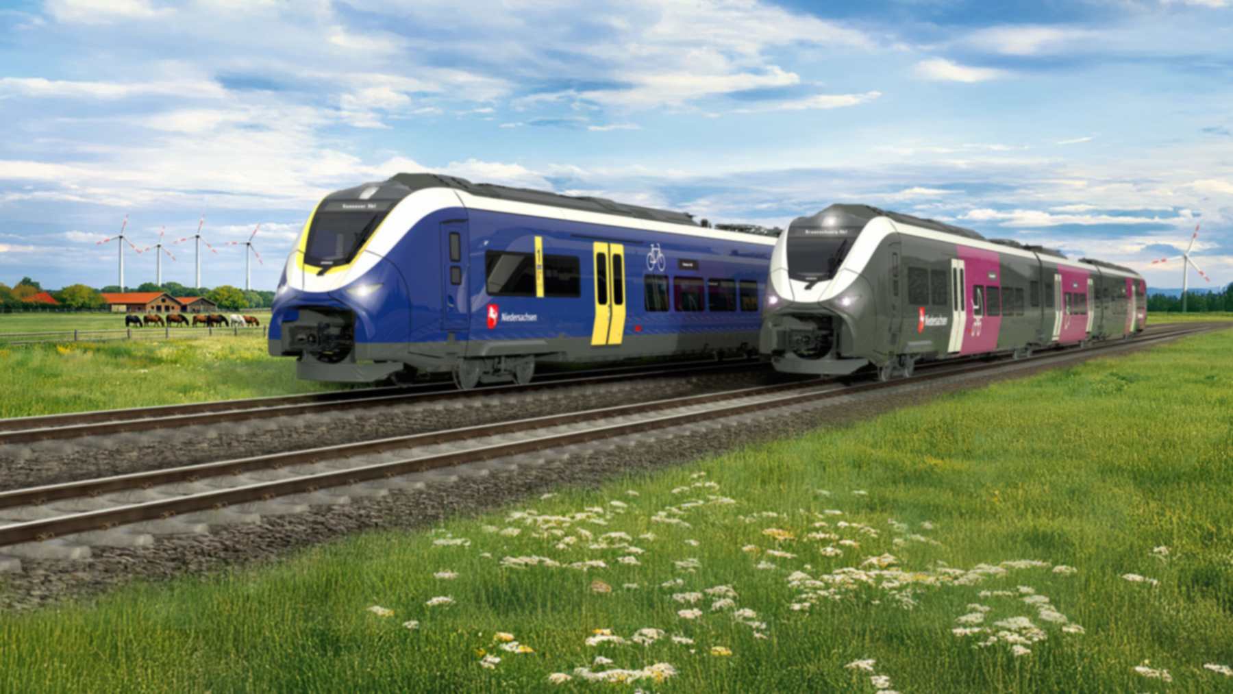 Recreación de dos trenes de batería Mireo Plus B de Siemens con el logotipo de Niedersachsen junto a un prado con aerogeneradores