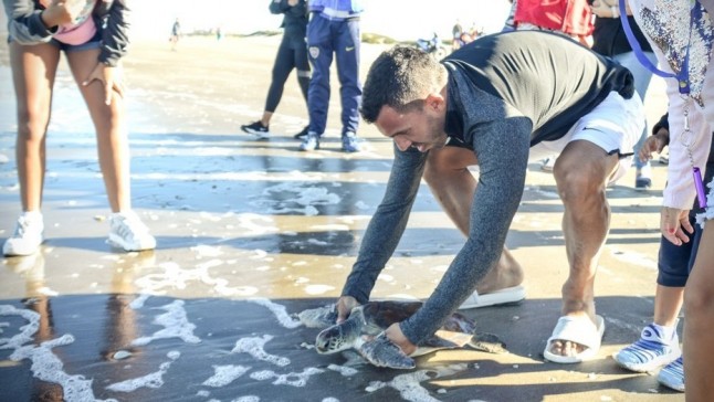 Carlos Tevez fue parte del proyecto de reinserción de una tortuga marina en su hábitat