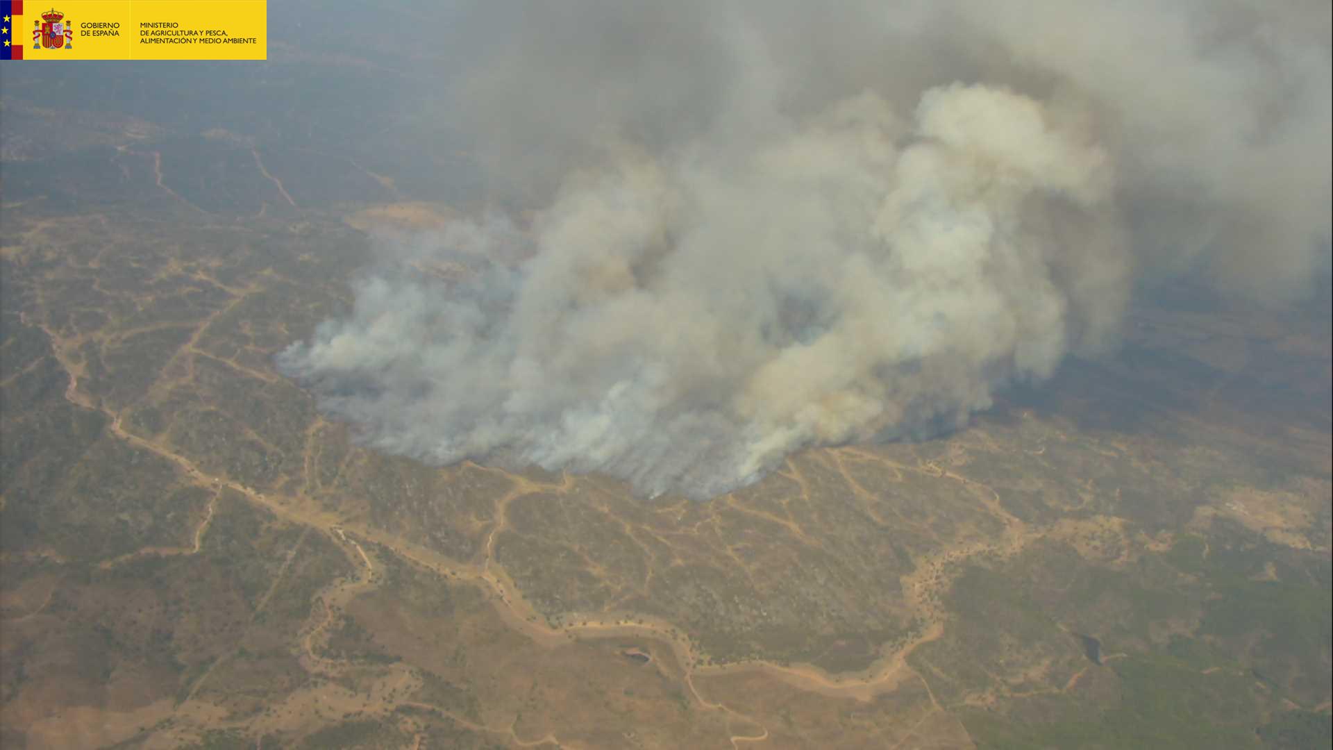 6 medios aéreos del MAPAMA trabajan en la extinción del incendio forestal declarado en Almadén de la Plata (Sevilla)