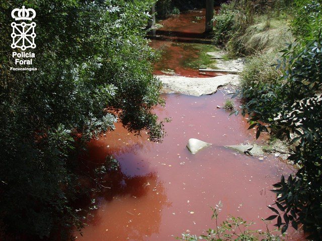 El vertido de una empresa tiñe de rojo el río Juslapeña en Orkoien