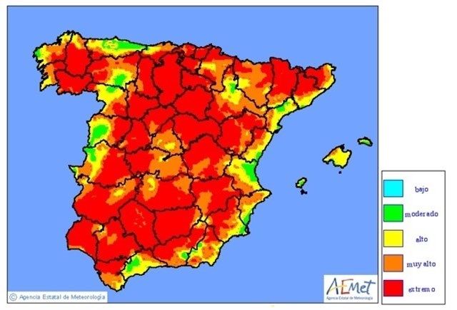 Más de la mitad de las provincias de España estarán este sábado en riesgo "extremo" de incendio