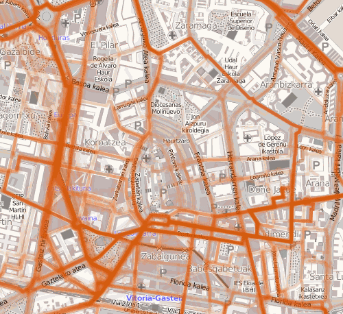Mapas que muestran cómo se usan las calles de Vitoria-Gasteiz para moverse en bicicleta