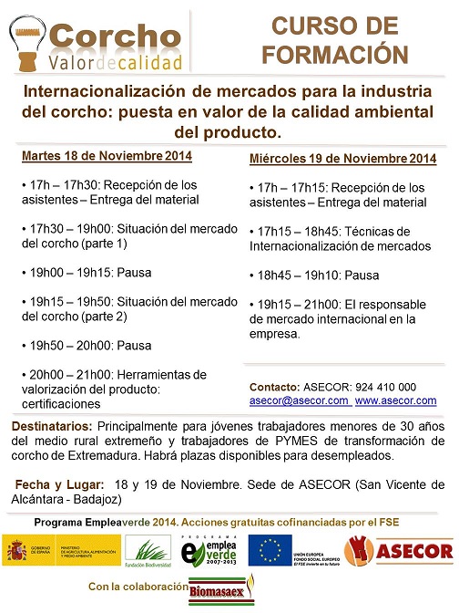 Infórmate sobre los cursos de formación gratuita para la industria corchera impartidos por ASECOR