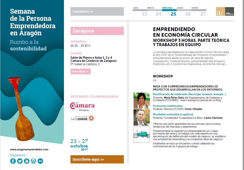 Evento sobre ‘Economía y emprendimiento sostenible’ el 25 de Octubre en Zaragoza