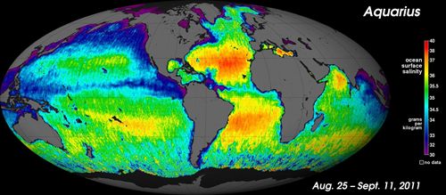 Un mapa mundi de la salinidad en la superficie oceánica