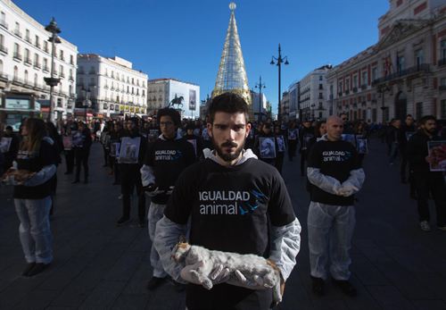Igualdad Animal llena la Puerta del Sol de cadáveres de animales