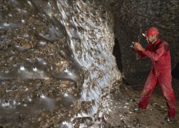 Una telaraña gigante con numerosas arañas en el interior de una cueva oscura