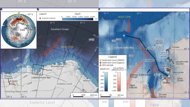 Mapa de la bahía Lützow Holm (Antártida oriental) con la entrada de agua profunda cálida (CDW) y puntos de muestreo de sedimentos