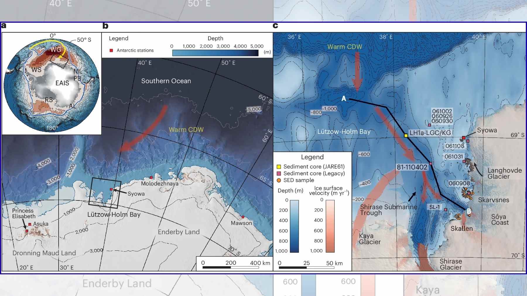 Mapa de la bahía Lützow Holm (Antártida oriental) con la entrada de agua profunda cálida (CDW) y puntos de muestreo de sedimentos