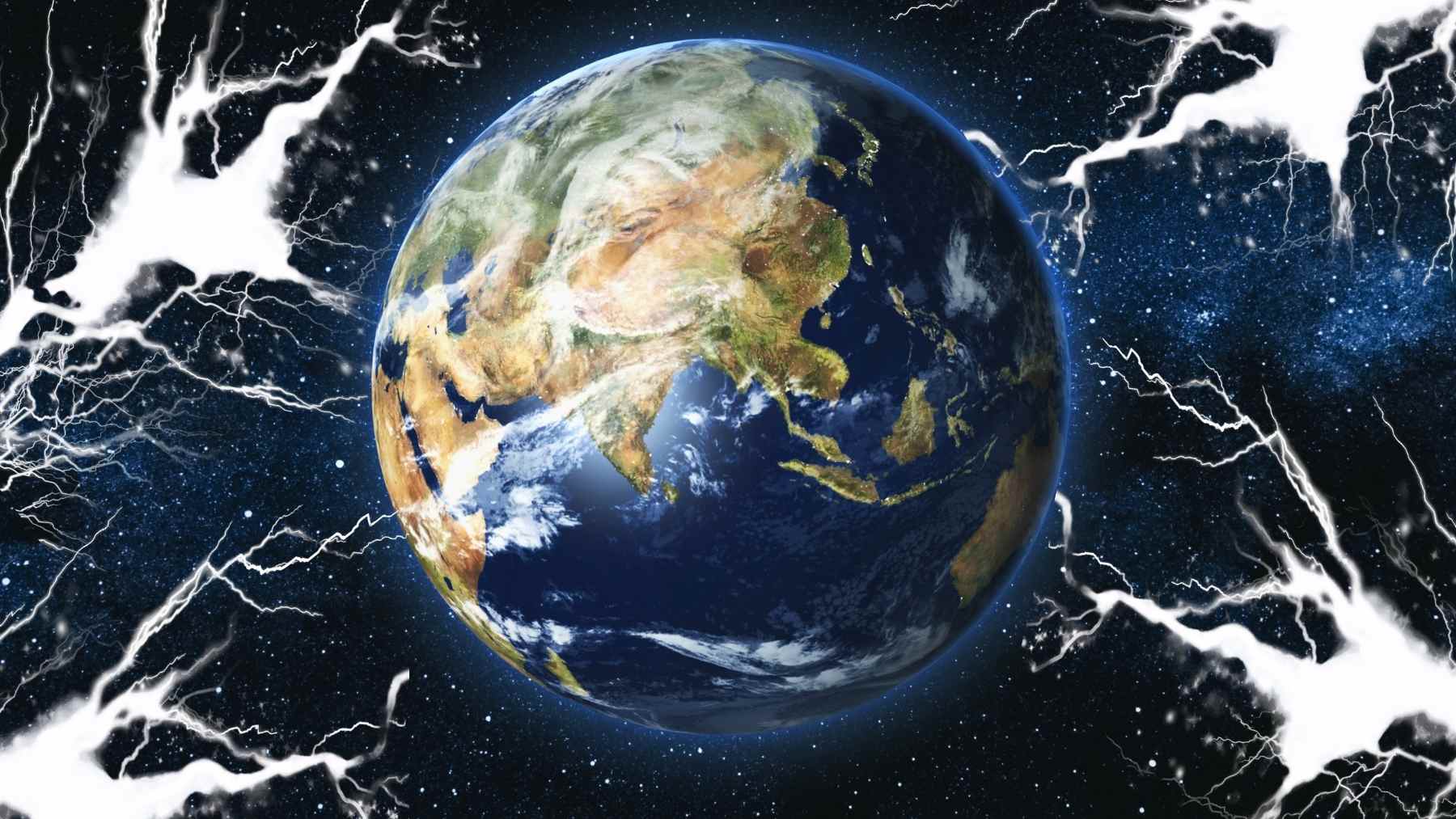 Planeta Tierra en el espacio con destellos eléctricos, ilustración sobre electricidad generada por la rotación terrestre.