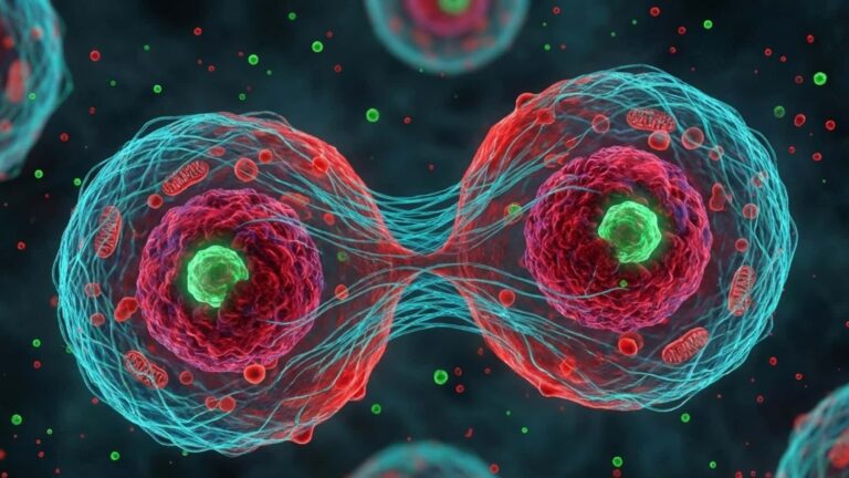 Ilustración científica de la división celular durante la mitosis con dos células separándose