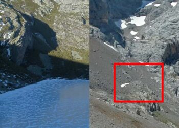 Imagen comparativa del estado del glaciar leonés Trasllambrión en 2005 y en 2025.