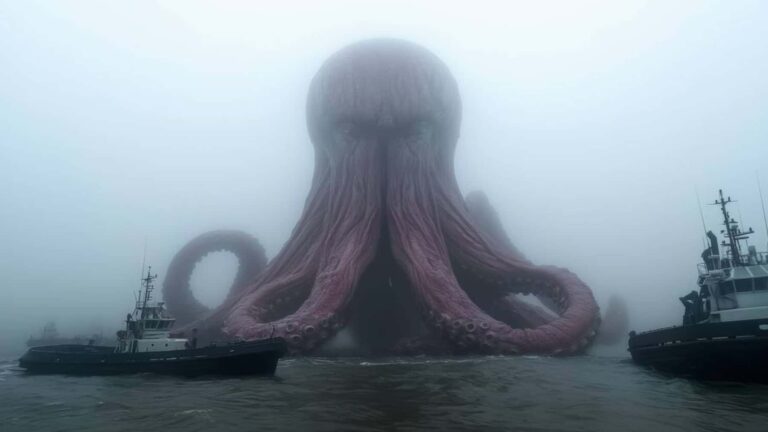 Representación de un pulpo gigante emergiendo del mar junto a embarcaciones